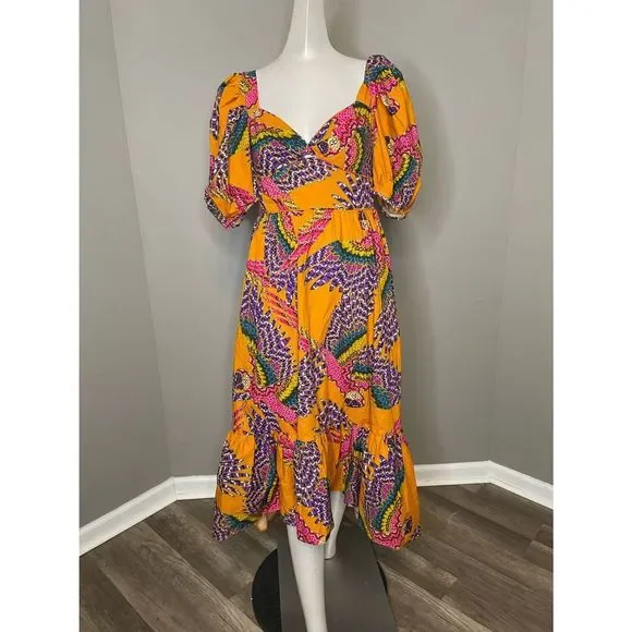 FARMRio Macaw Puff-Sleeve Midi Dress